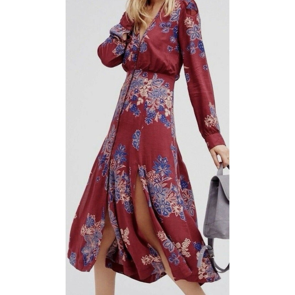 Free People Miranda Midi Dress 6 Wine Embroidery Floral Boho Peasant Dark Fairy